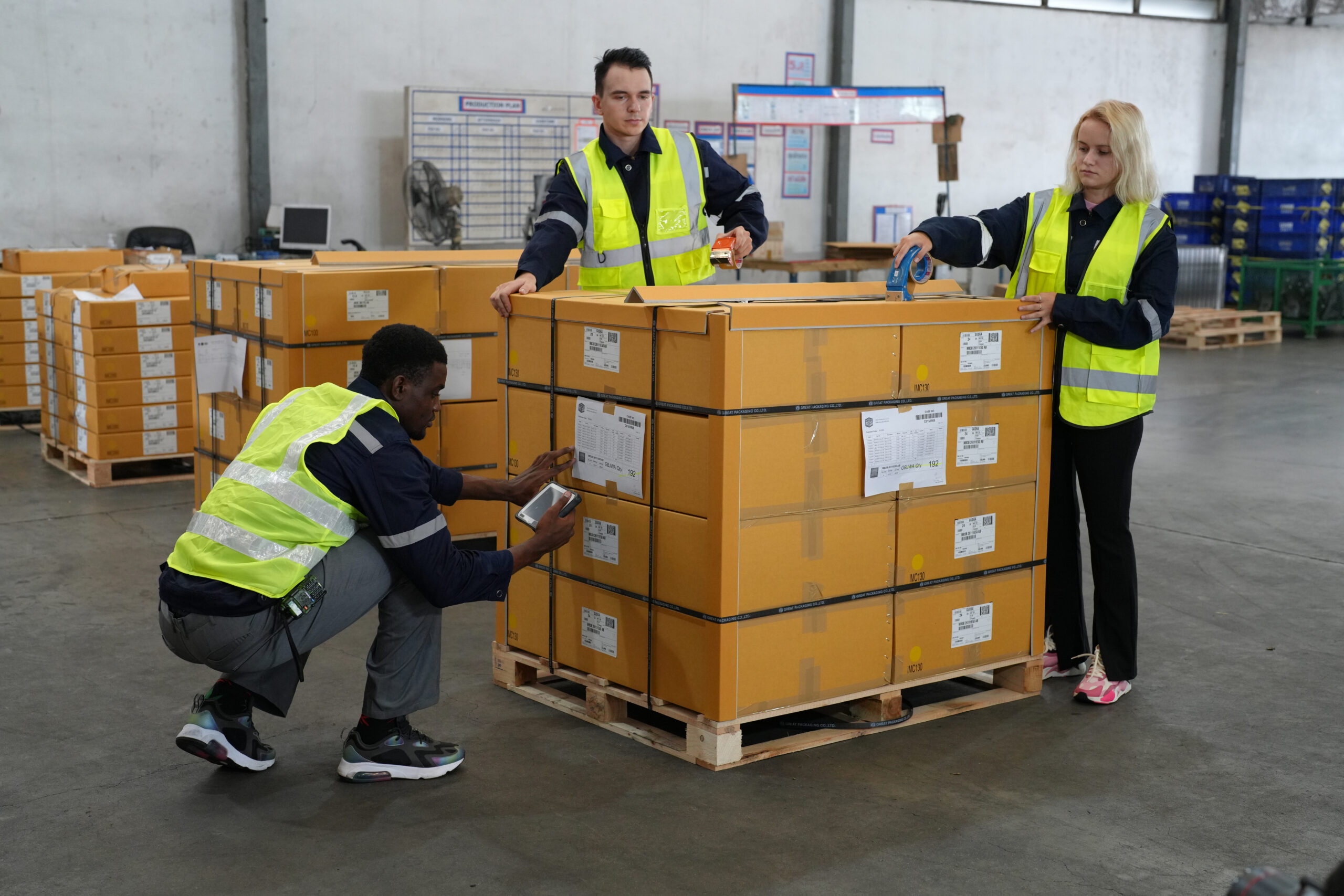 Warehouse workers working in the large logistic distribution warehouse. Worker in reflective clothing working in the warehouse