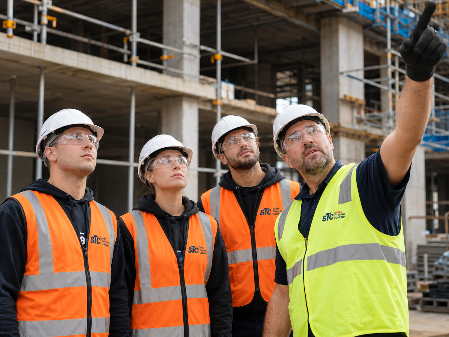 An STC trainer guides students through a live construction site safety inspection while discussing workplace hazards and site procedures. The training focuses on practical safety awareness, communication, and compliance in active construction environments.