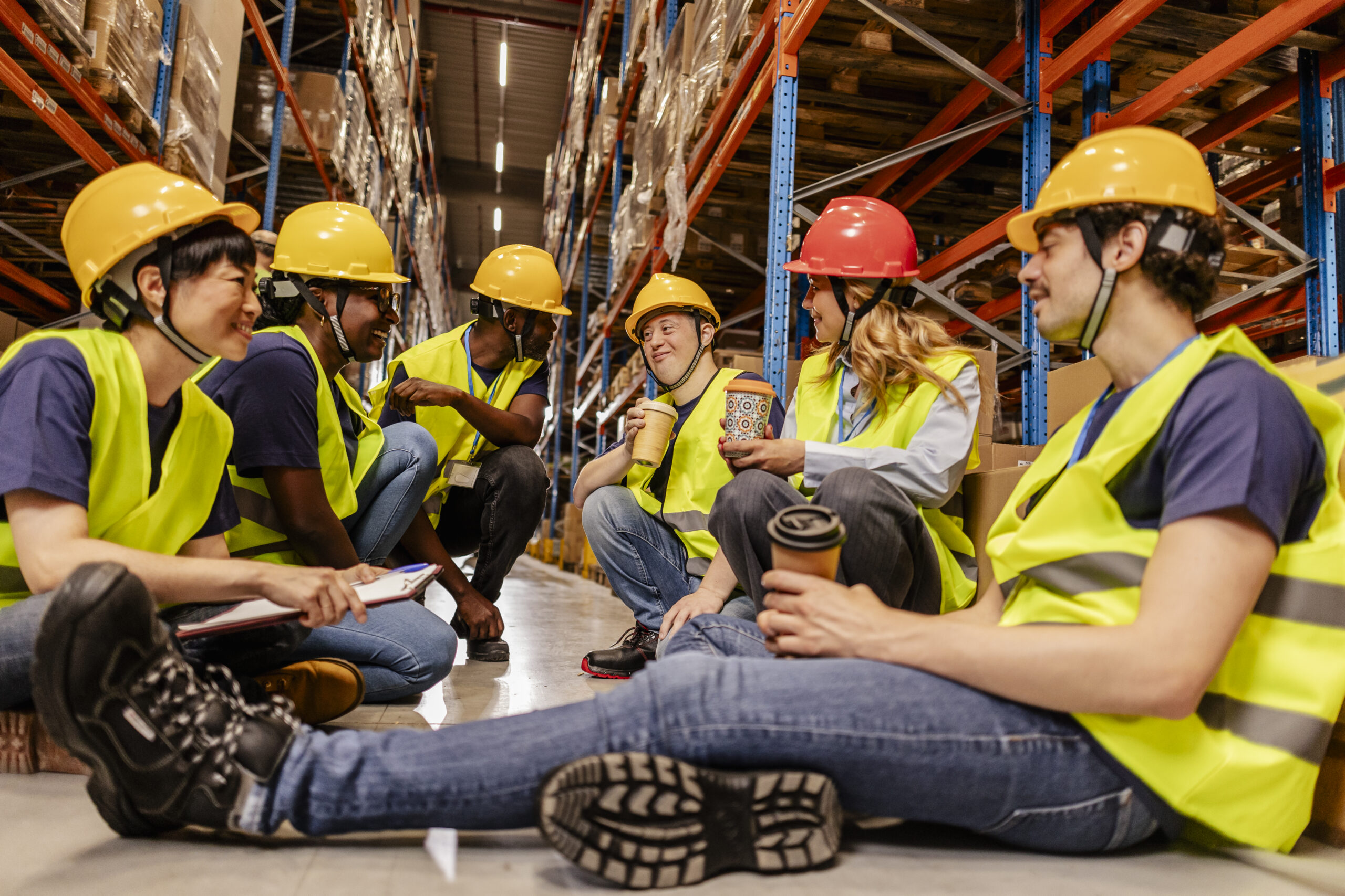 Diverse team of warehouse workers enjoying a coffee break, sitting on the floor amidst storage racks, fostering camaraderie and teamwork in a distribution center environment national safe work month