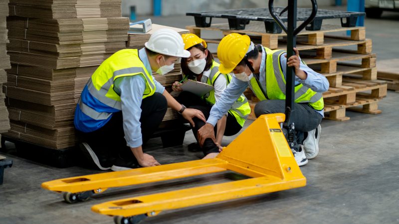 Factory worker woman was help and take care by coworker men after accident on her leg by hydraulic cart in warehouse workplace area. manual handling aids